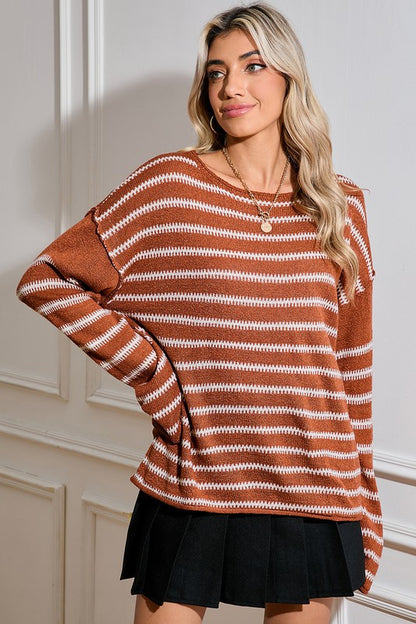 Casual Stripe Round Neck Drop Shoulder Sweater