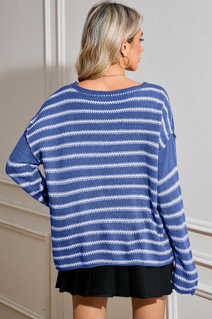 Casual Stripe Round Neck Drop Shoulder Sweater