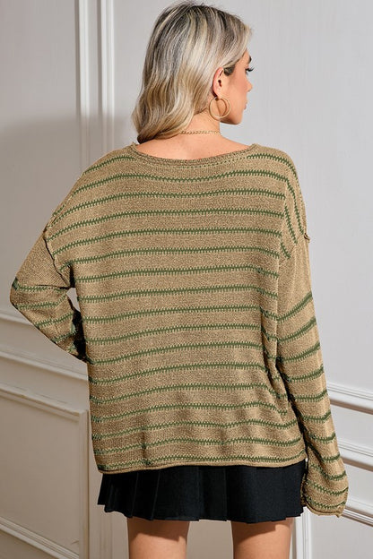 Casual Stripe Round Neck Drop Shoulder Sweater