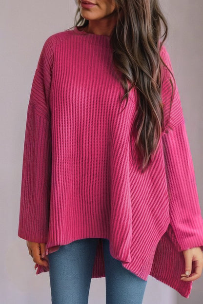 Cable Knit Drop Shoulder Side Slits Loose Sweater