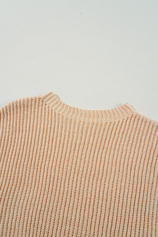 Cable Knit Drop Shoulder Side Slits Loose Sweater