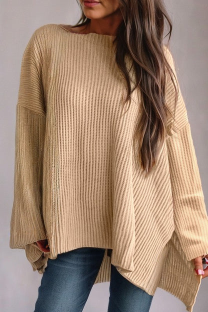 Cable Knit Drop Shoulder Side Slits Loose Sweater