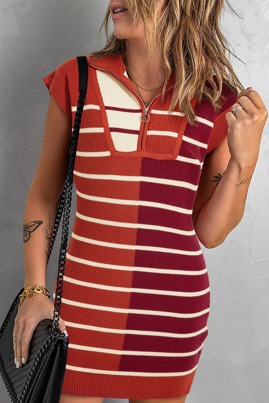 Color Block Short Sleeve Quarter Zip Mini Dress