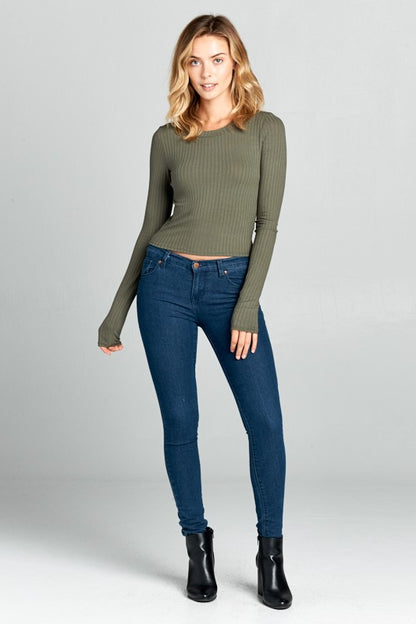 round neck long sleeve knit crop top