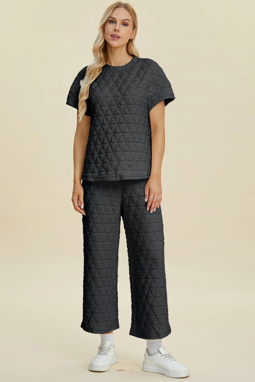 Double Take Full Size Texture Round Neck Short Sleeve Top And Pants Set